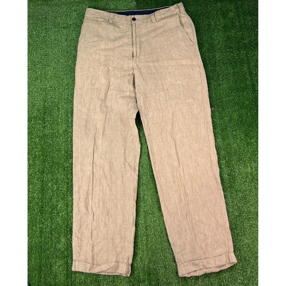 Orvis Mens 100% Linen Flat Front Pants 36 Tan Khaki Cuffed Straight Leg Portugal